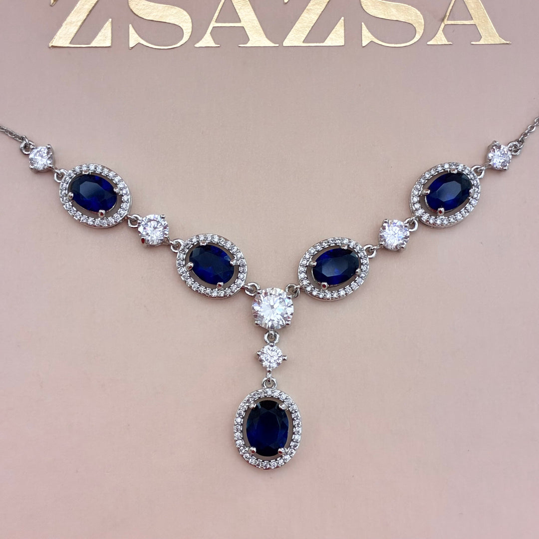 Oval navy blue zircone silver set