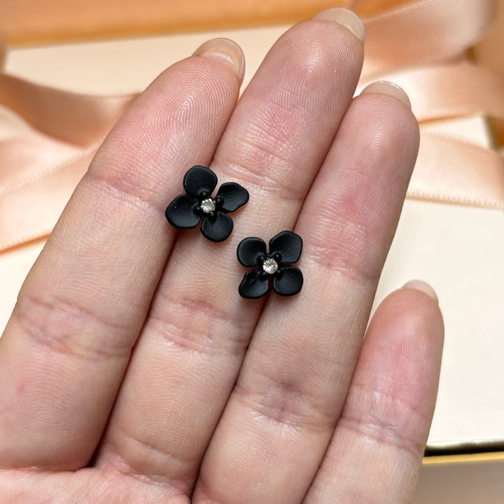 Dainty black rhinestone flower earrings
