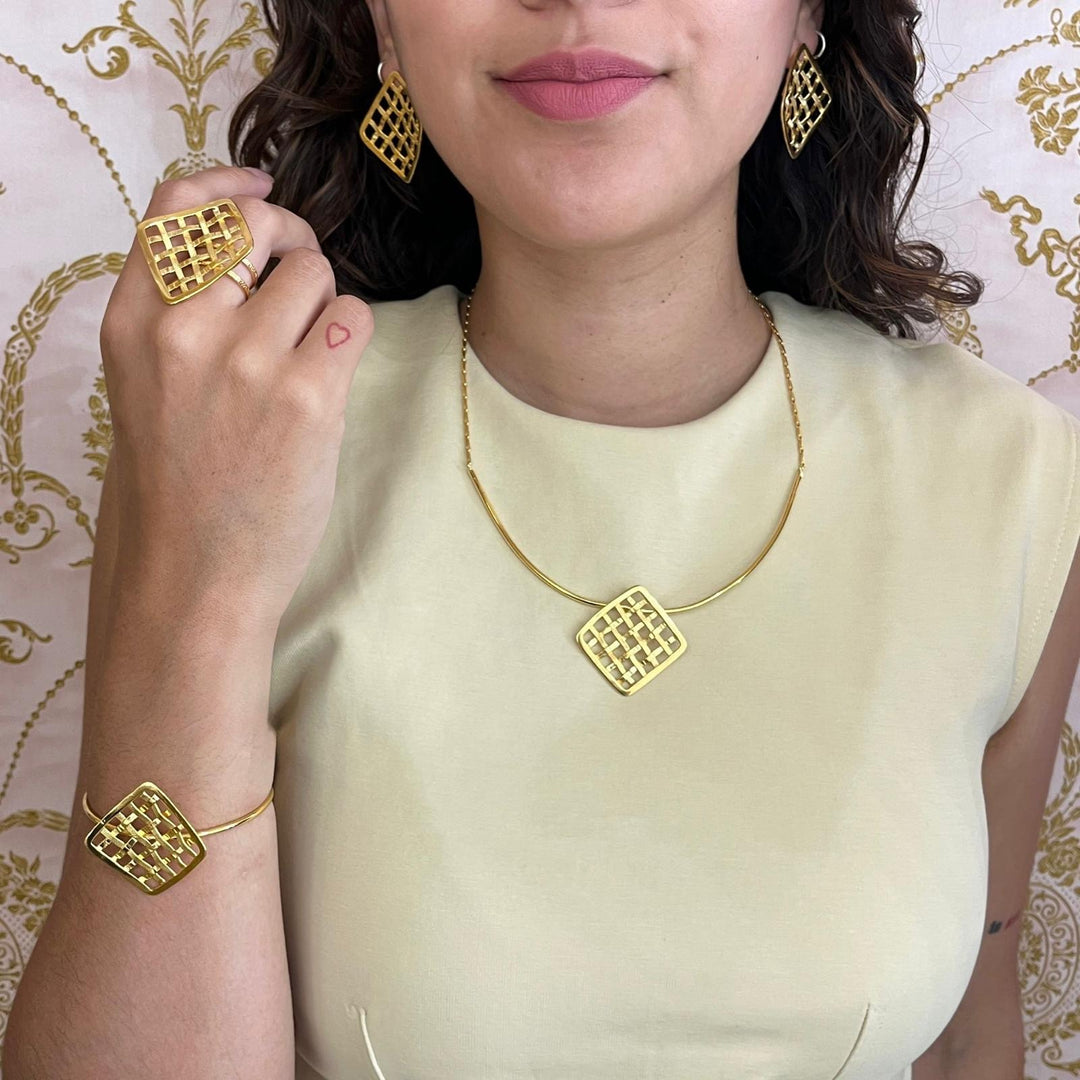 Square grid gold handmade bangle and ring