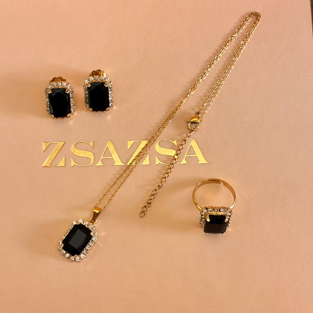 Rectangular Black Preciosa Crystals gold plated pendant set