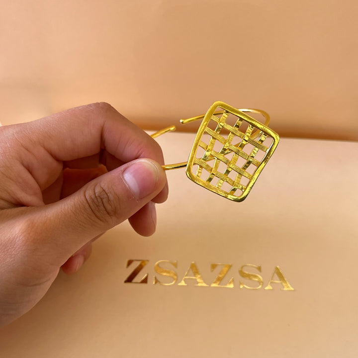 Square grid gold handmade bangle and ring