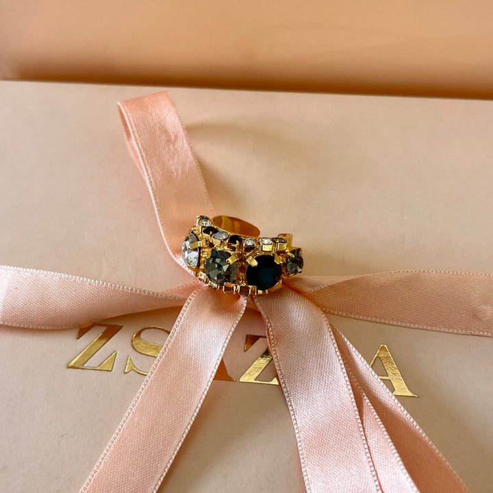 Grey and black preciosa crystals open band gold plated ring