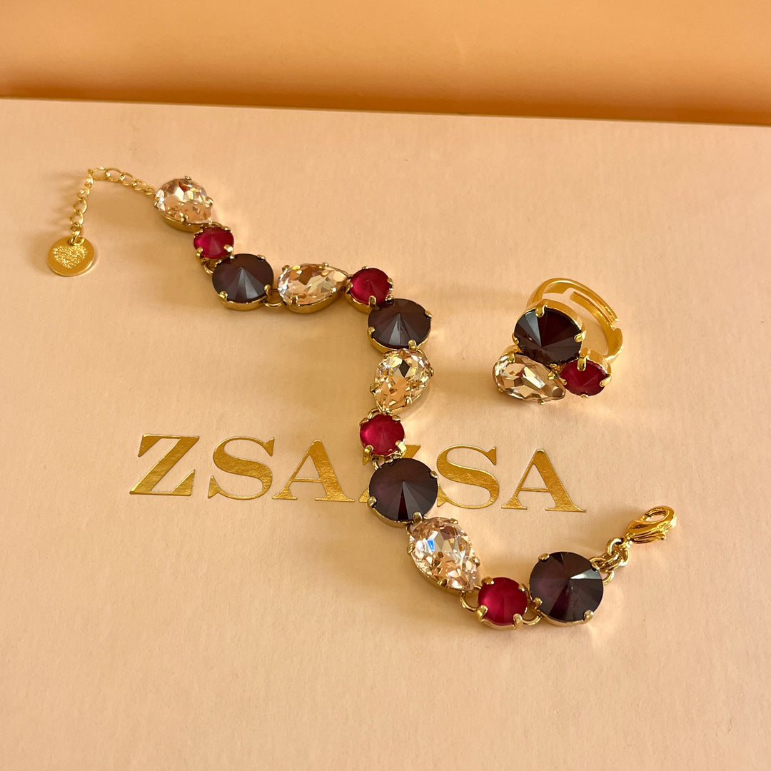 Shade of red Swarovski crystals bracelet and ring