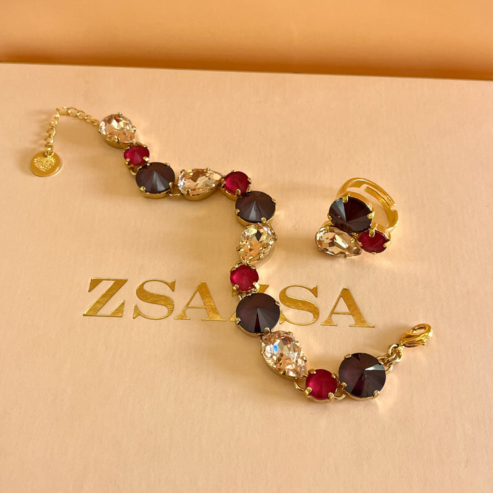 Shade of red Swarovski crystals bracelet and ring