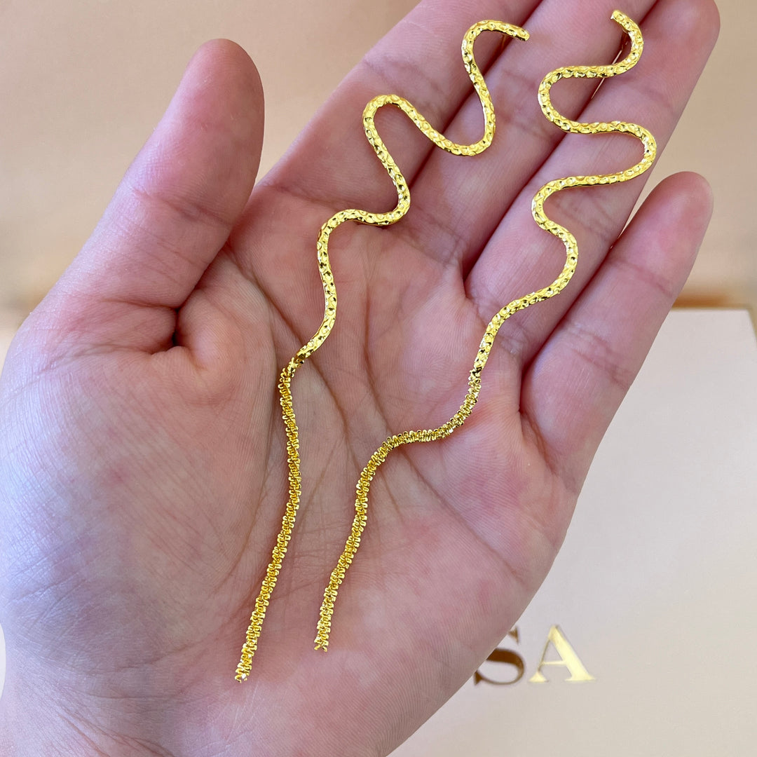 Gold handmade snake long earrings