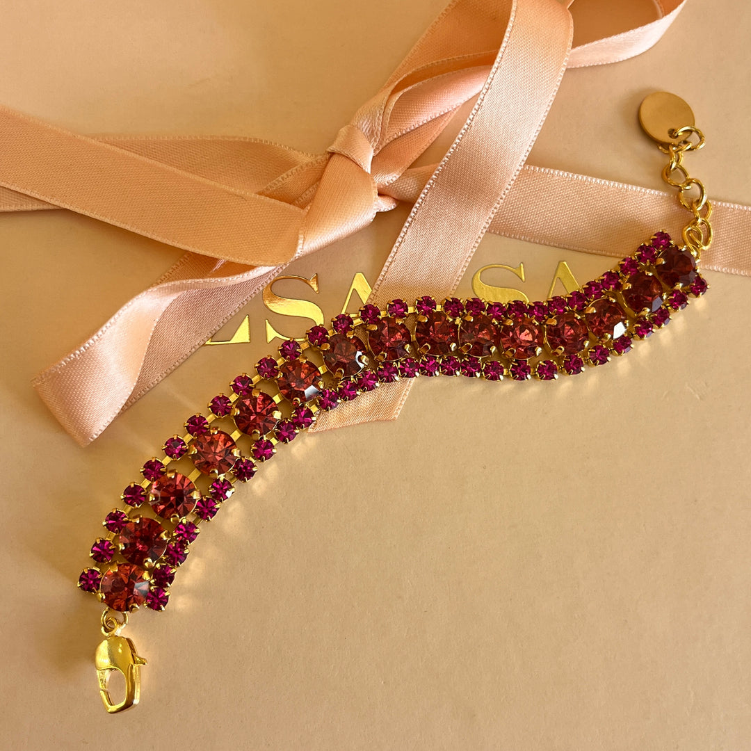 Fuchsia and magenta Swarovski crystals 3 rows bracelet