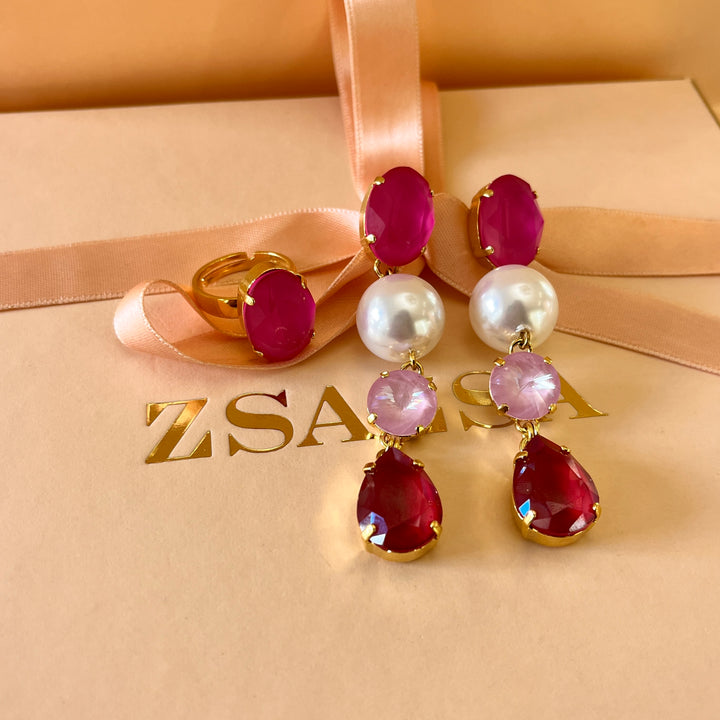 Pink and red Swarovski crystals with pearls earrings and ring