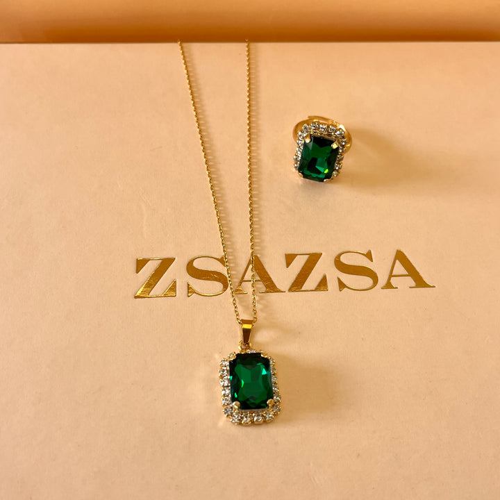 Dark green rectangular Preciosa crystals pendant and ring
