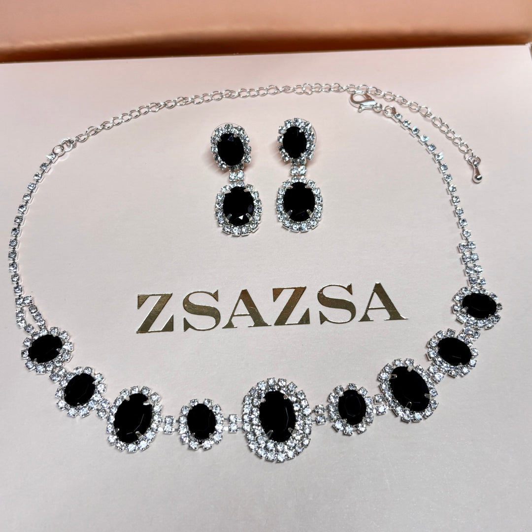 Oval Black rhinestone silver set