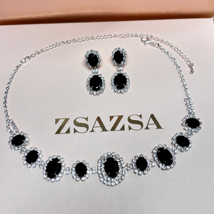 Oval Black rhinestone silver set