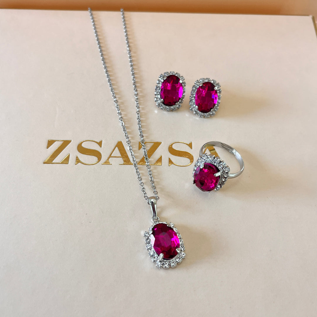 Fuchsia oval preciosa crystals set