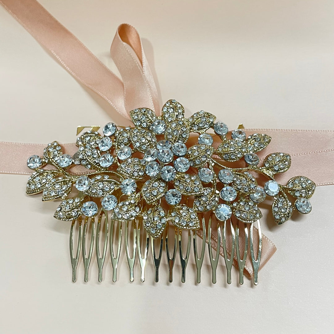 Bubble Stone Embellished Leaf Cluster Hair Comb in gold or silver