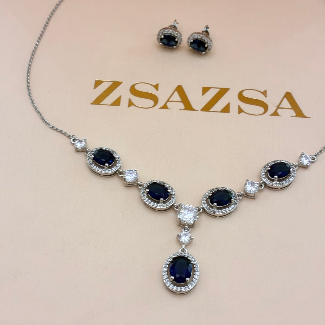 Oval navy blue zircone silver set