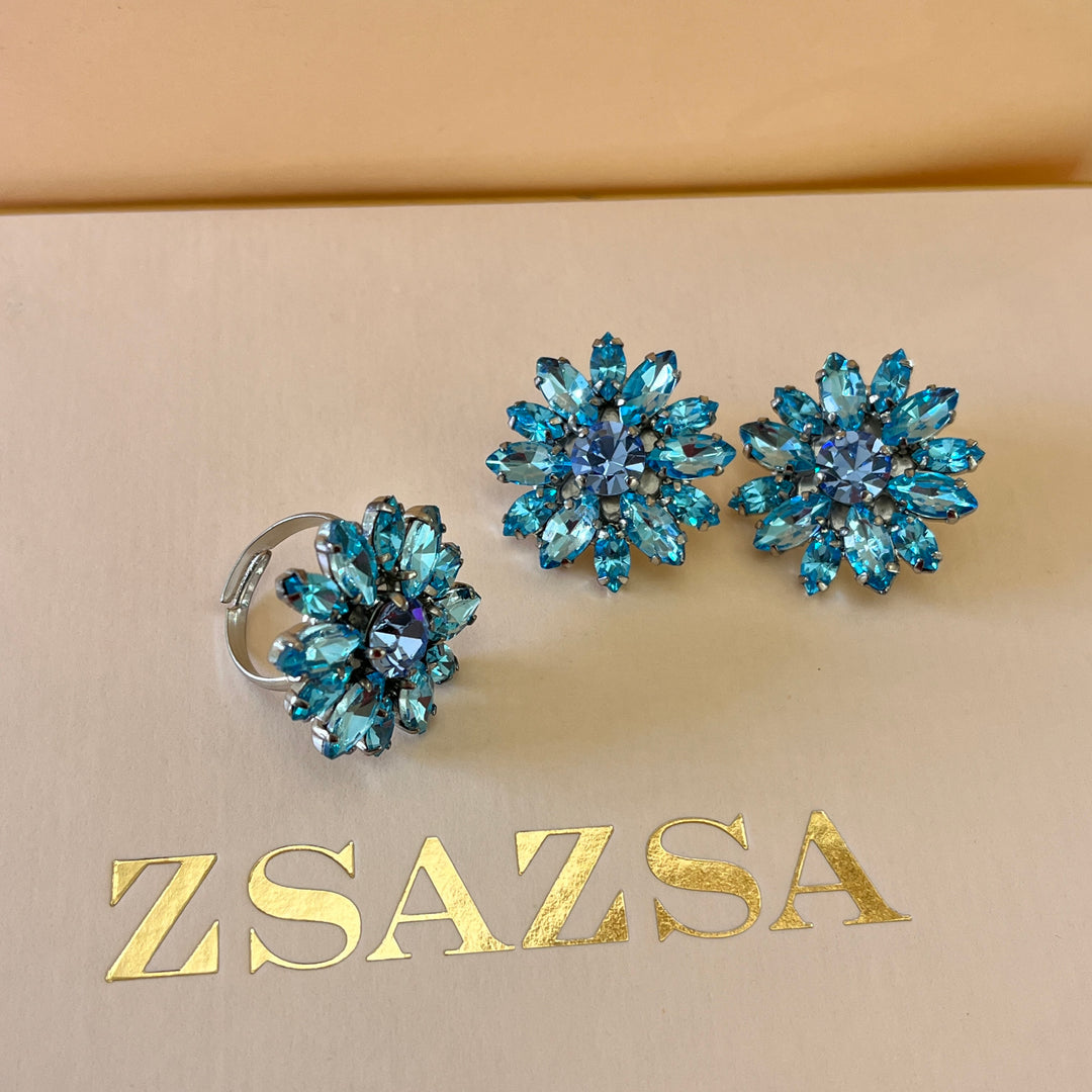 Turquoise & light blue preciosa crystals studs and ring