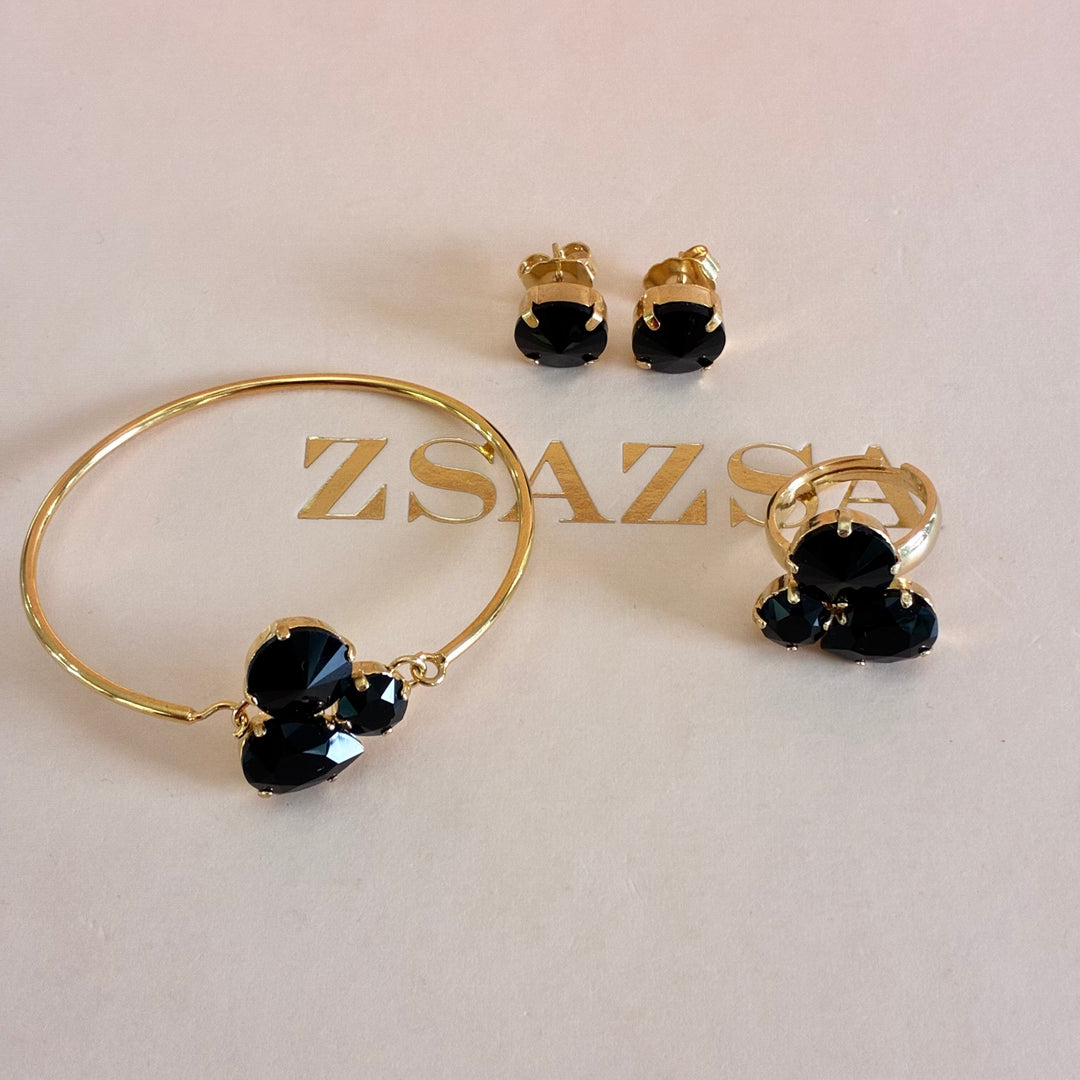 Black Swarovski crystals gold plated set