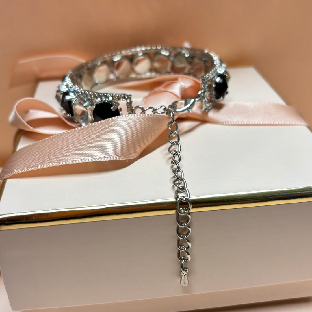 Black rhinestone silver bangle