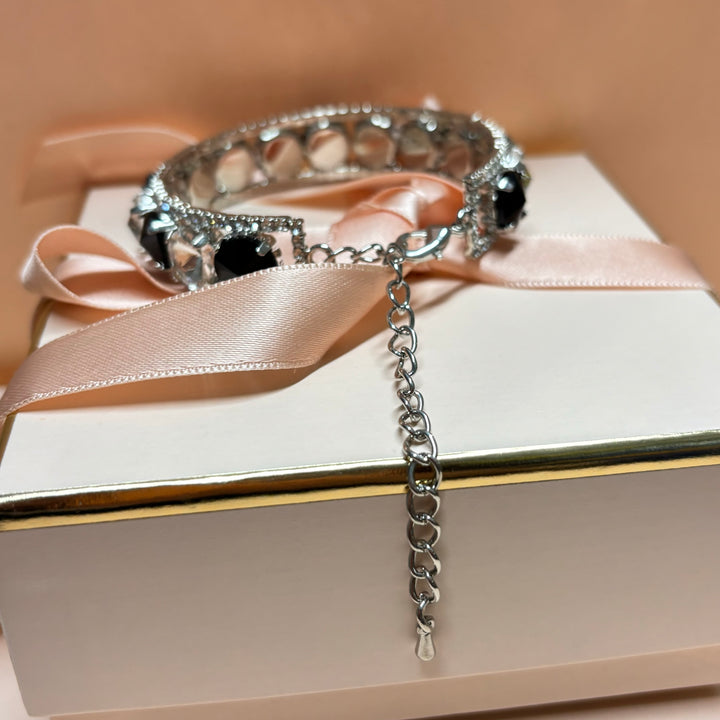 Black rhinestone silver bangle