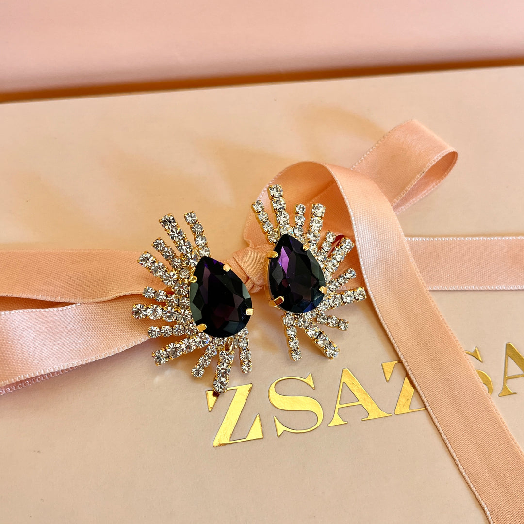 Purple rectangular preciosa crystals studs and ring