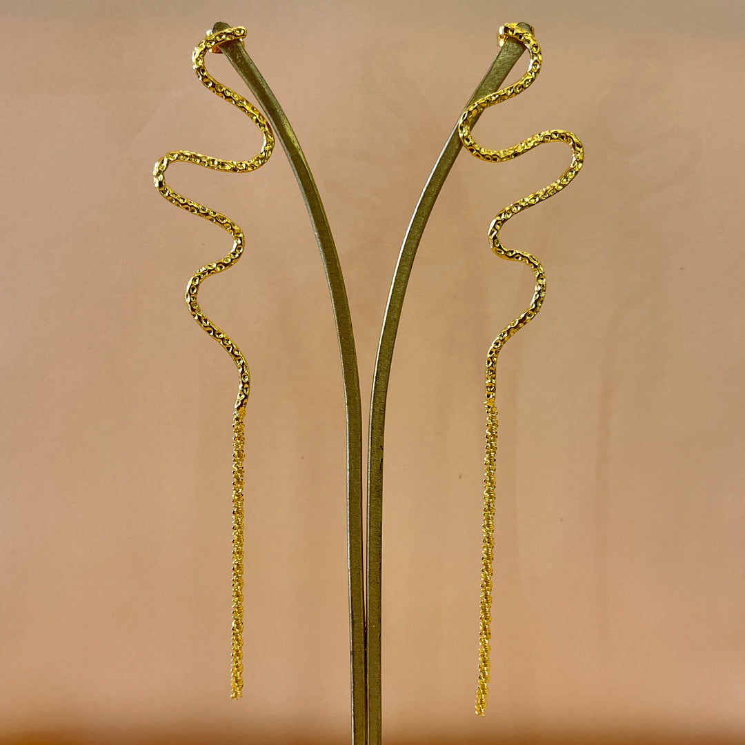 Gold handmade snake long earrings