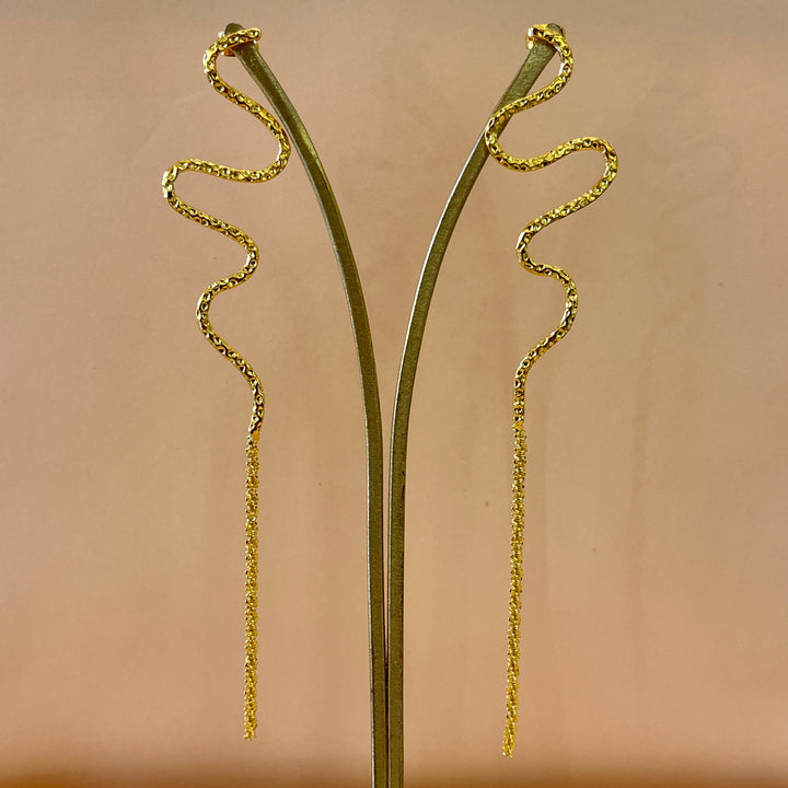 Gold handmade snake long earrings