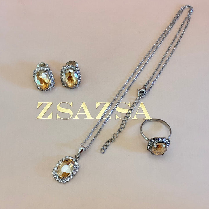 Oval Champagne Preciosa crystals silver set