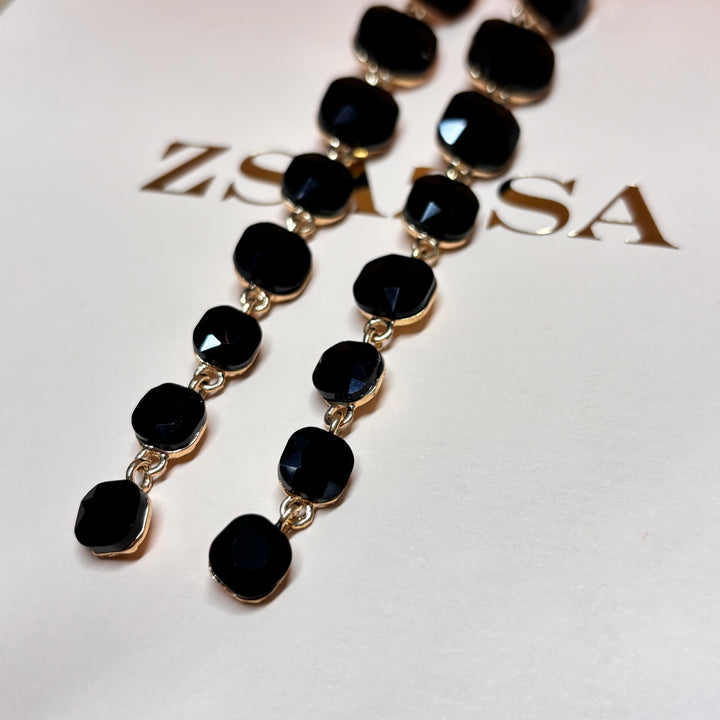 Long black rhinestone gold earrings