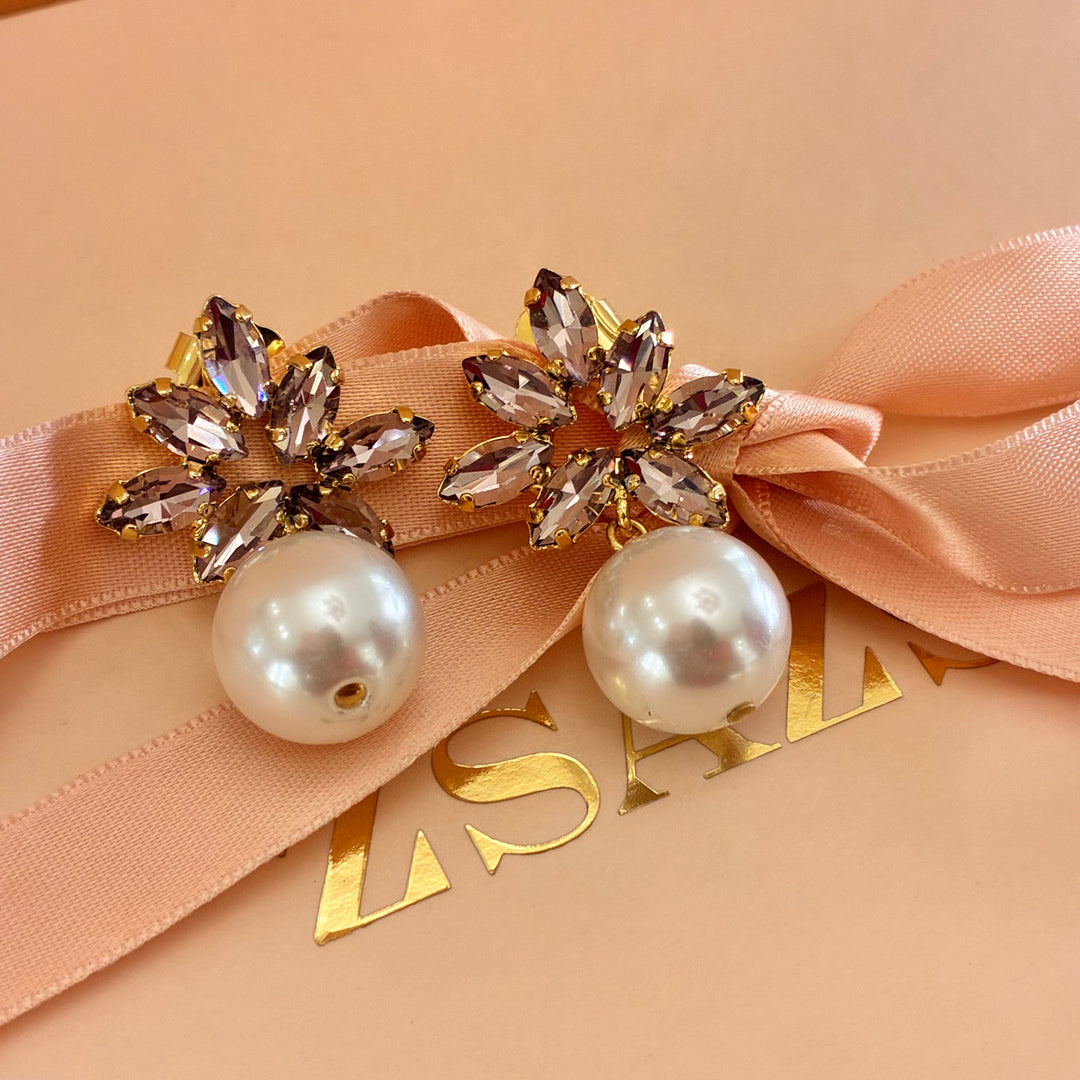 Lilac Swarovski crystals gold plated marquise with pearls