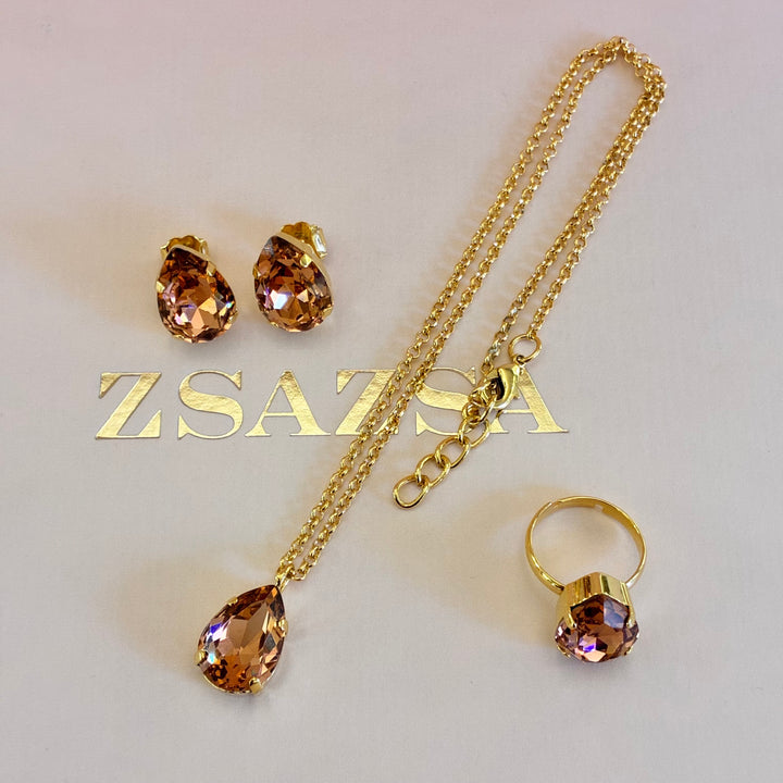 Teardrop Peach Preciosa crystals gold plated set