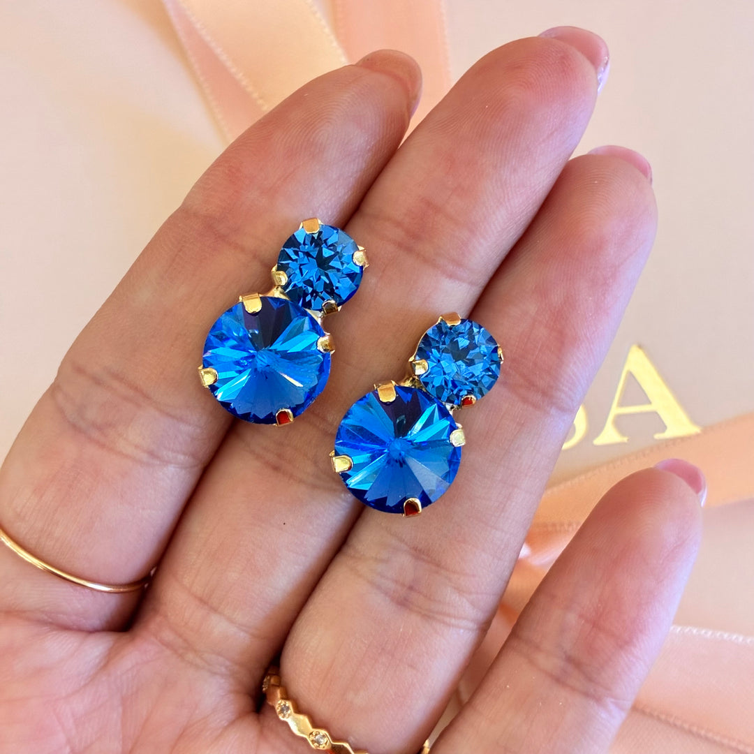 Double round royal blue gold plated earrings