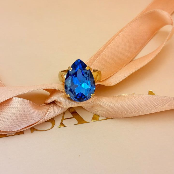 Teardrop royal blue Swarovski crystals ring