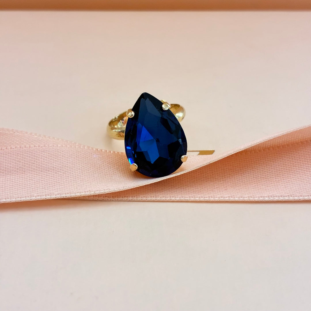 Navy blue teardrop preciosa crystals ring