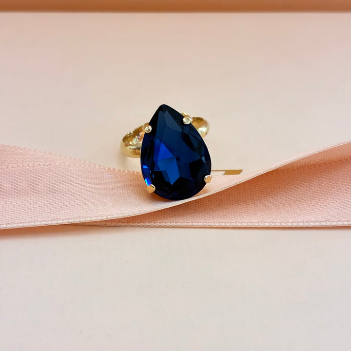 Navy blue teardrop preciosa crystals ring
