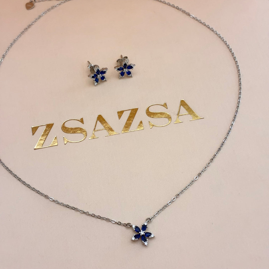 Dainty navy blue flower zircone set