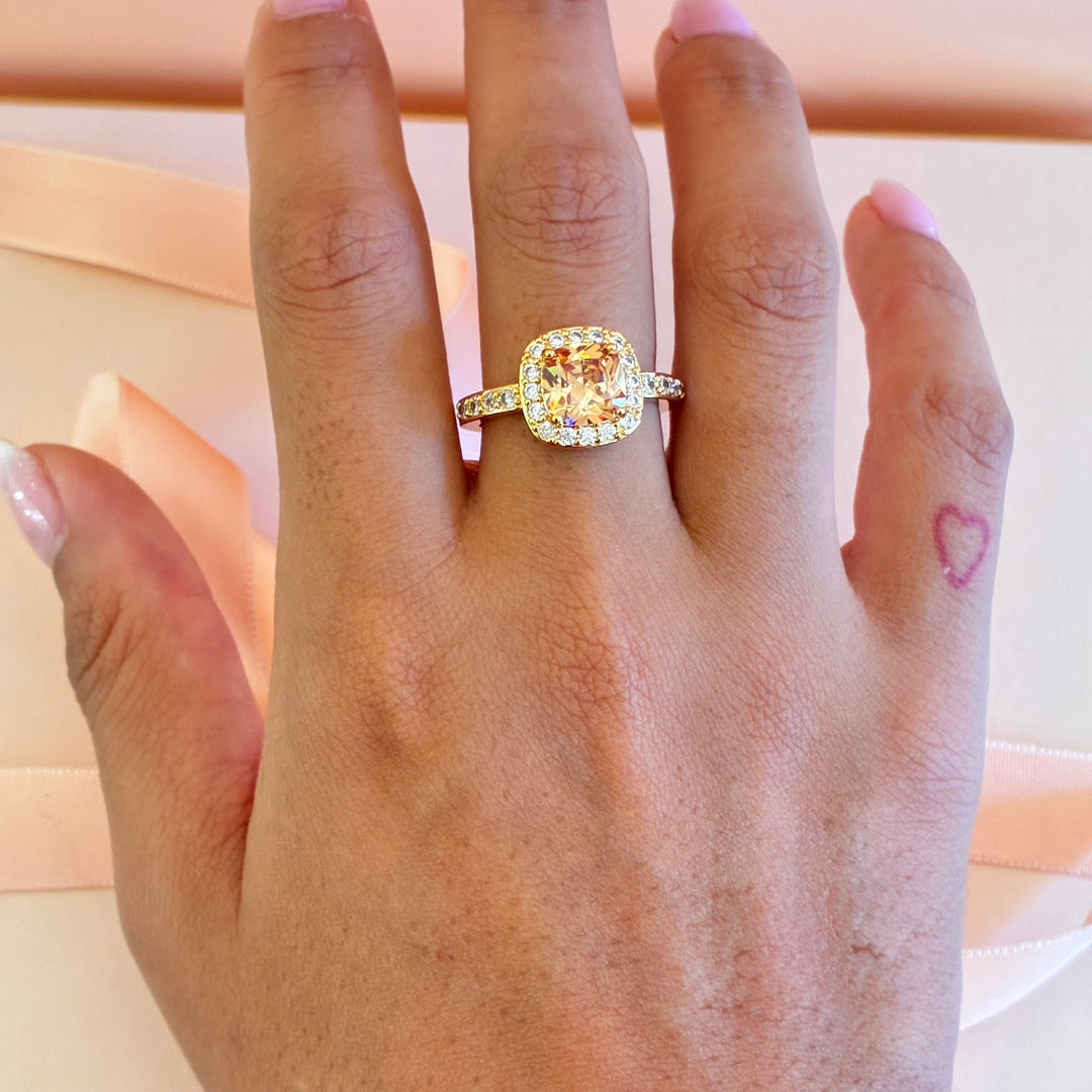 Square peach zircone gold plated ring
