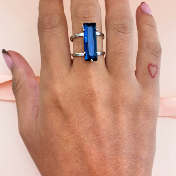 Rectangular navy blue preciosa crystals ring