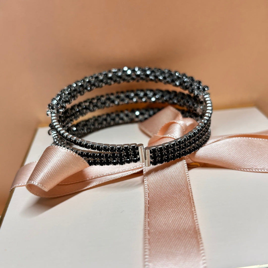 3 rows black rhinestone silver bangle