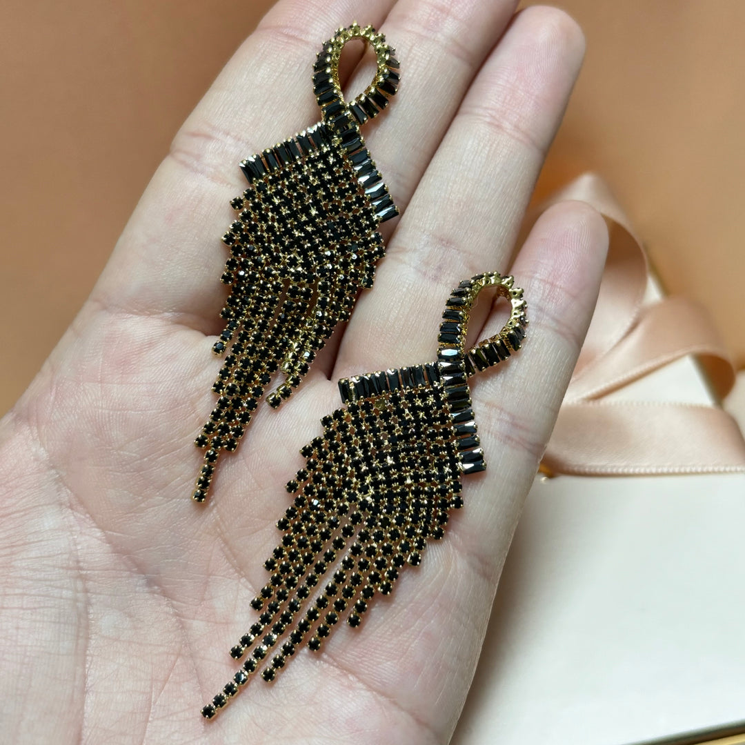Black rhinestone gold fringe earrings