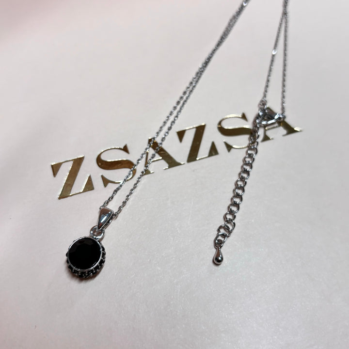 Dainty black solitaire rhinestone silver pendant