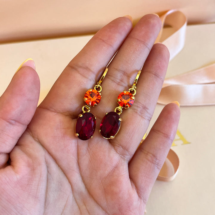 Dark red and Orange Swarovski crystals hooks and ring