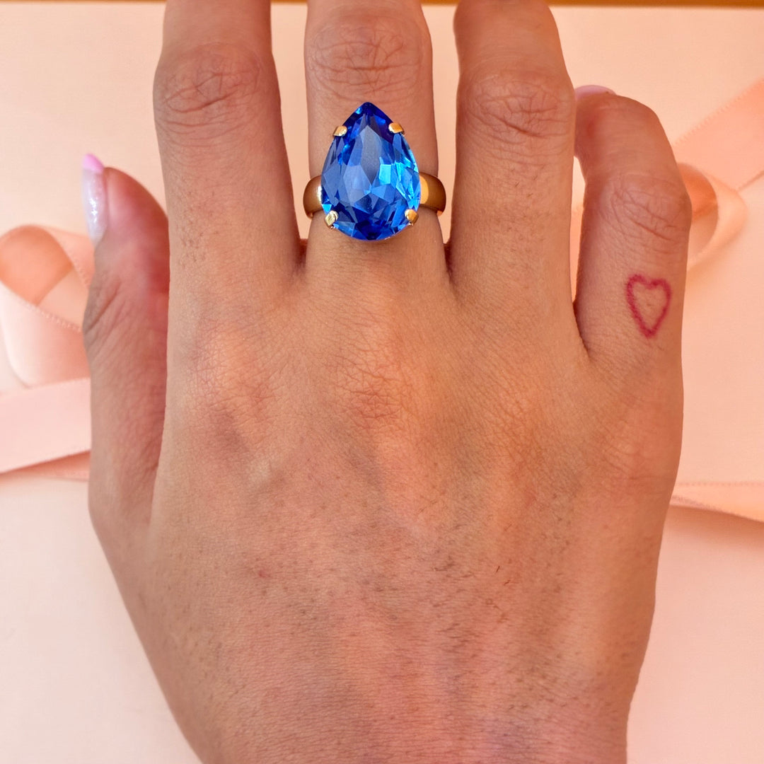 Teardrop royal blue Swarovski crystals ring