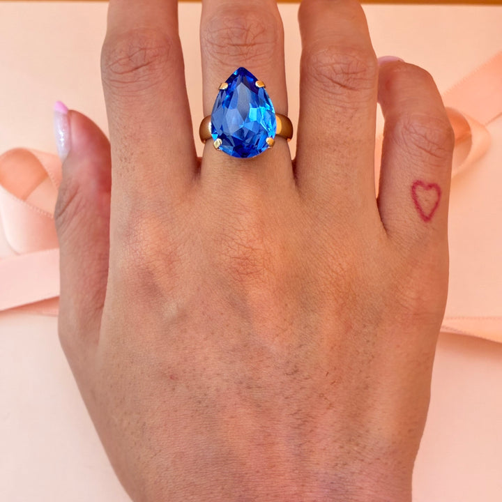Teardrop royal blue Swarovski crystals ring