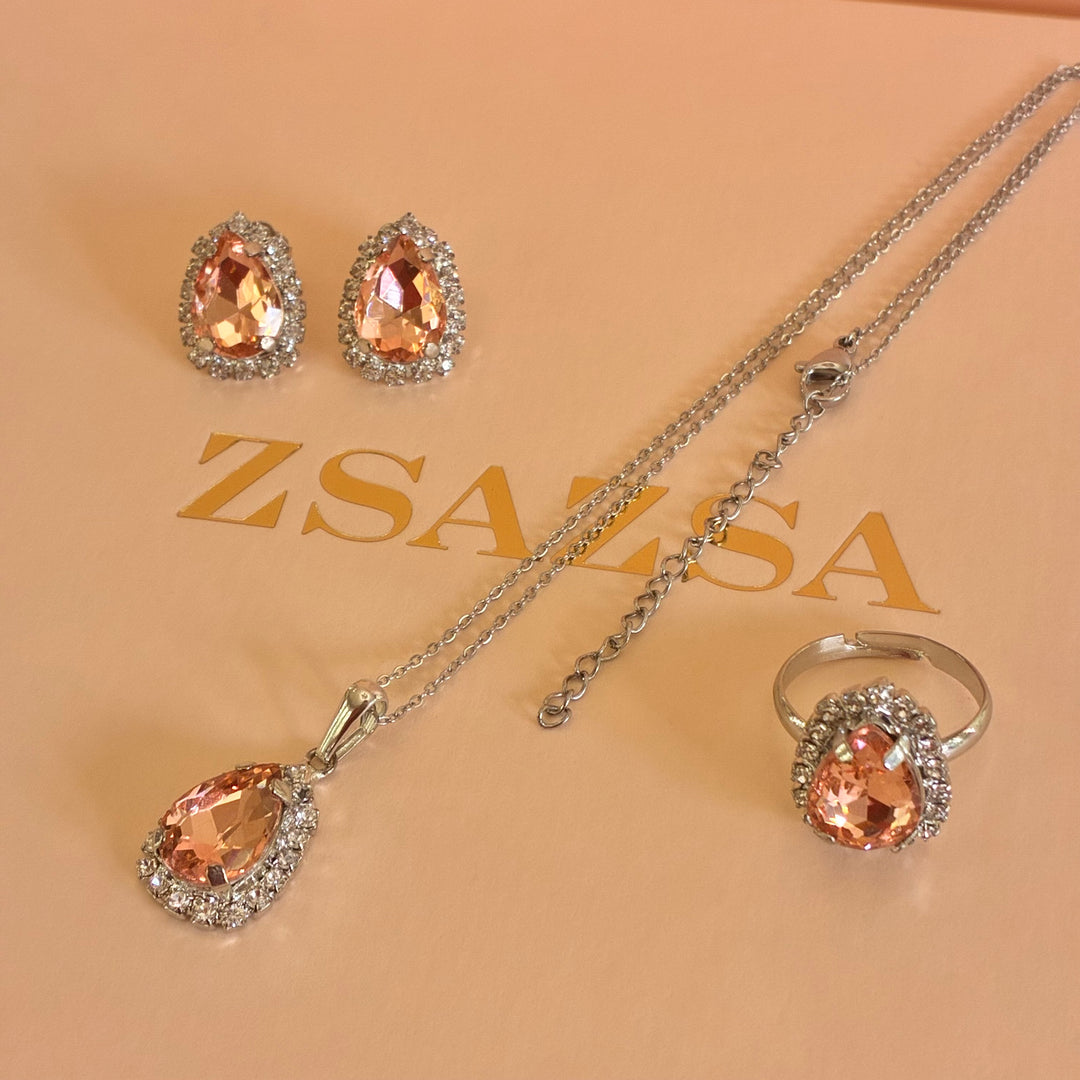Teardrop Peach  Preciosa crystals silver set