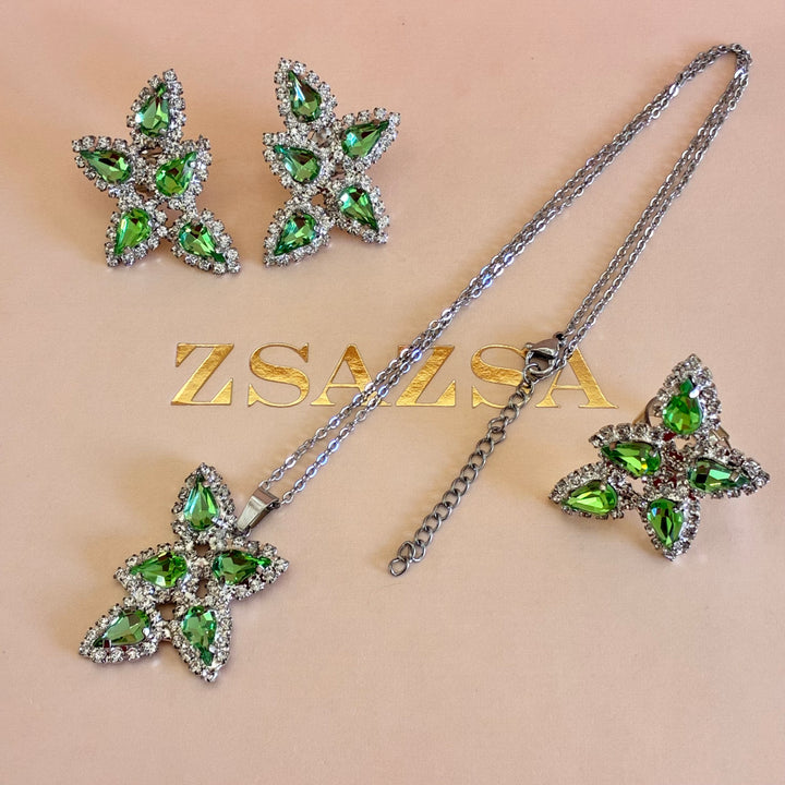 Green teardrops Preciosa crystals silver set