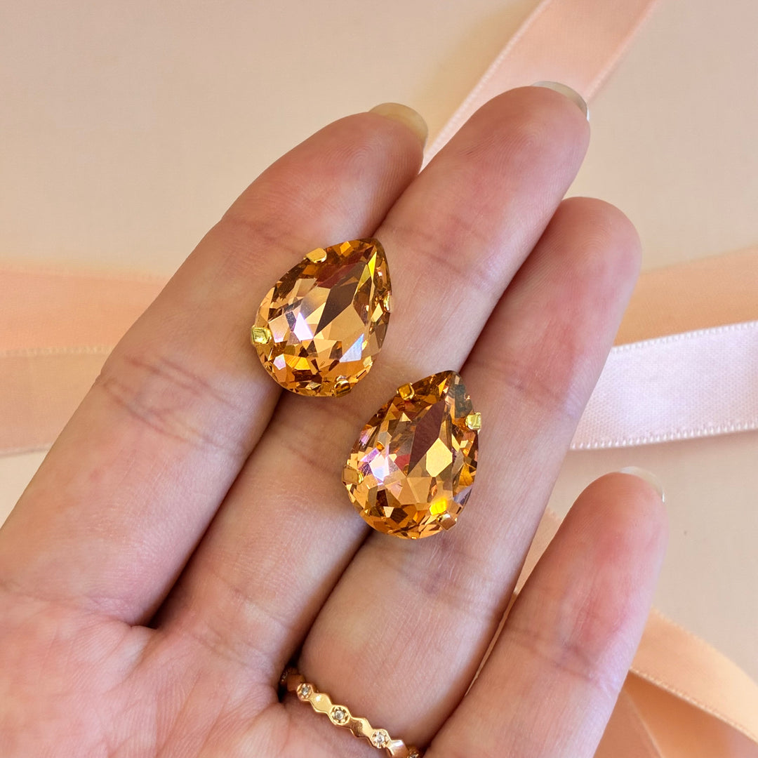 Peach teardrop Preciosa Crystals gold plated studs