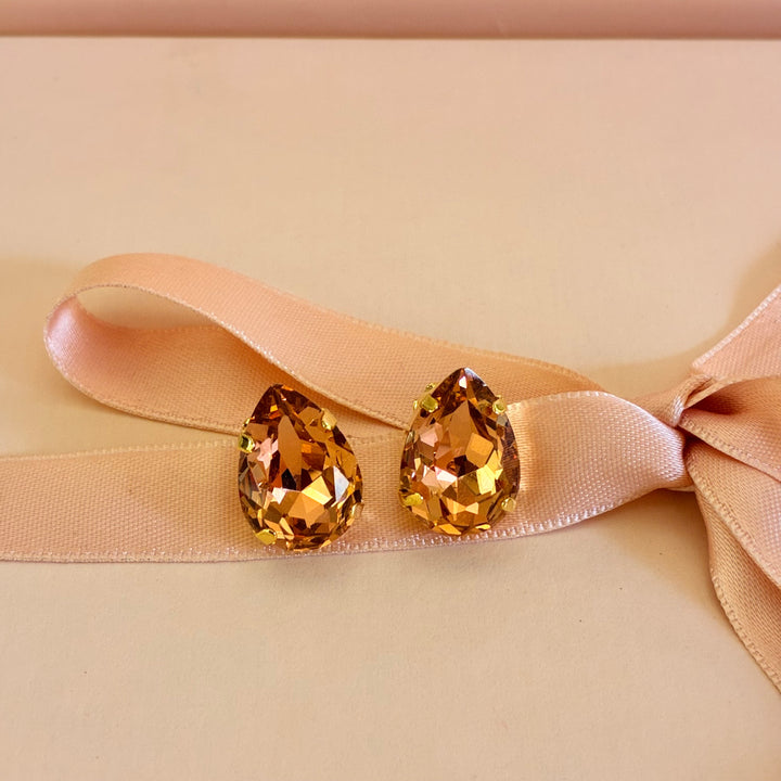 Peach teardrop Preciosa Crystals gold plated studs