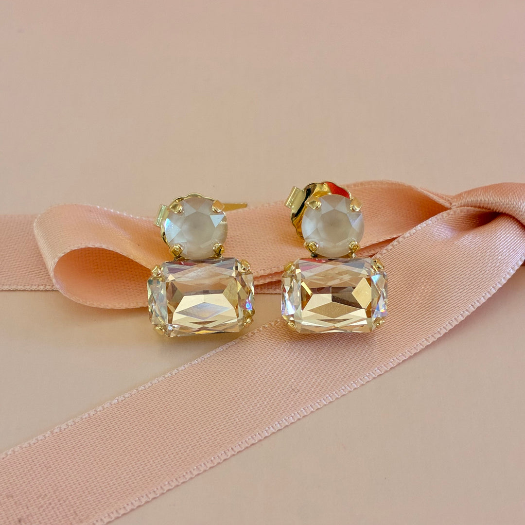 Champagne round with rectangular Swarovski crystals earrings