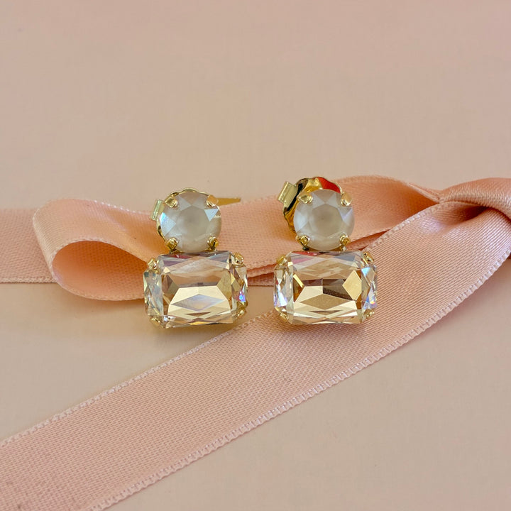 Champagne round with rectangular Swarovski crystals earrings