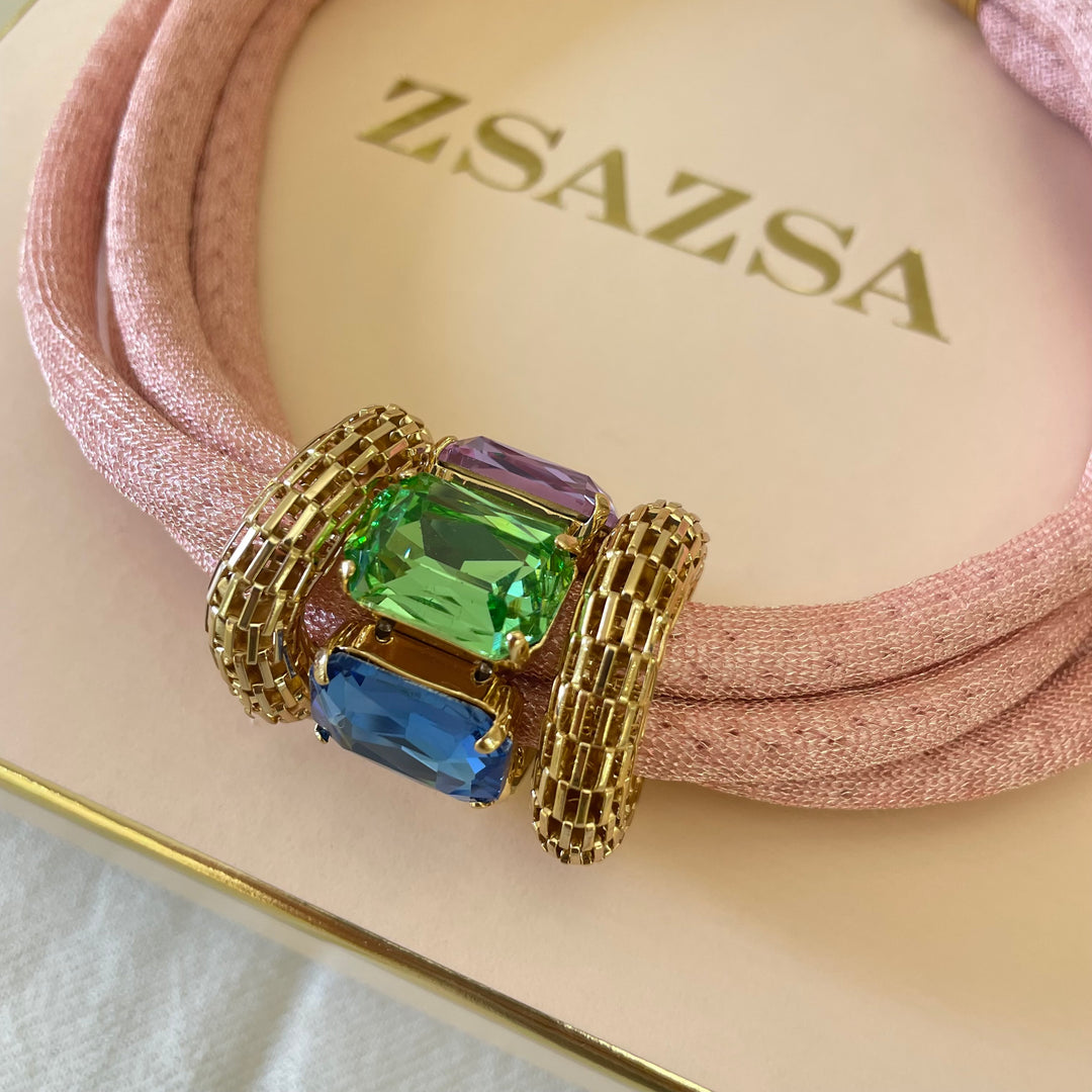 Light pink silk cord necklace with multicolour Swarovski crystals