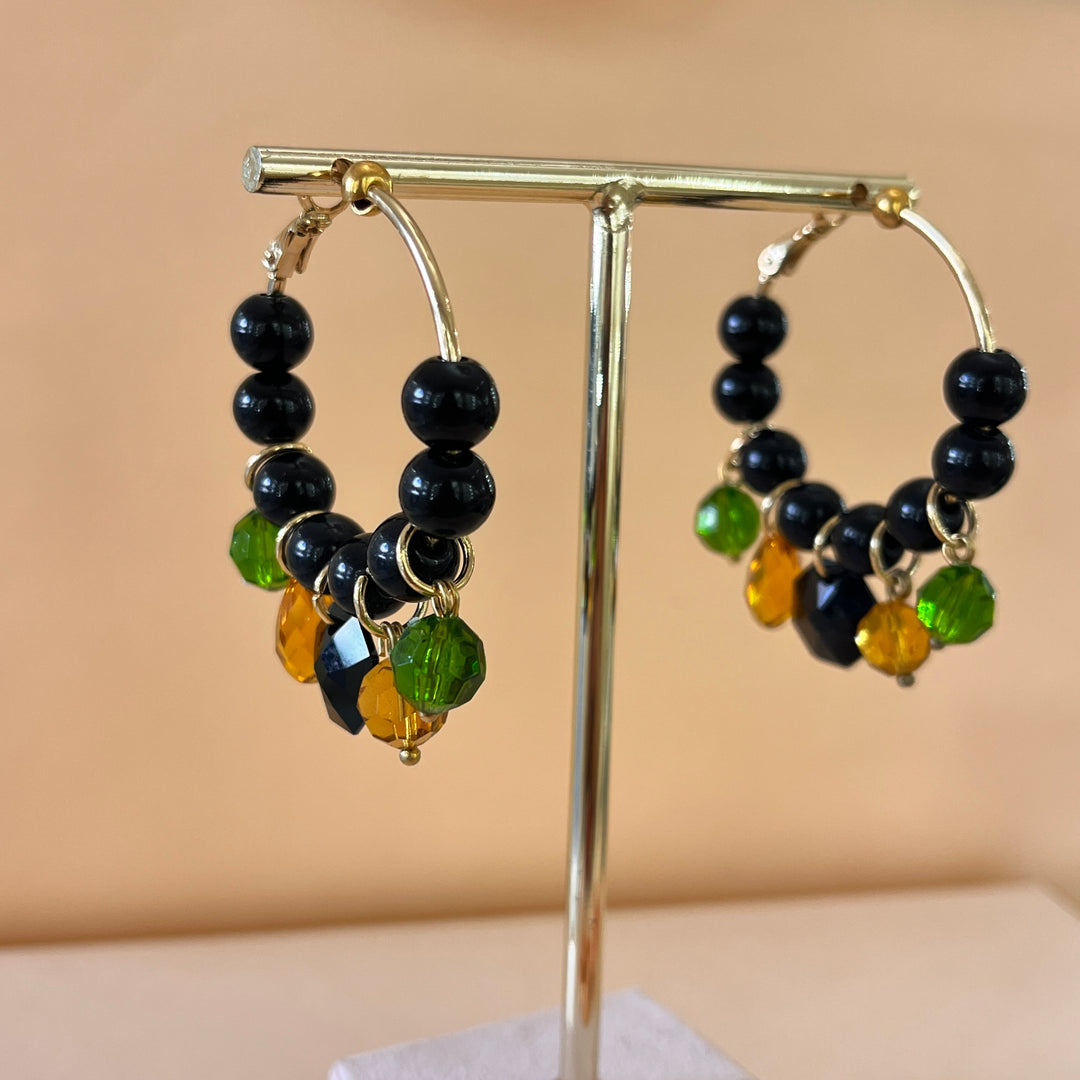 Black, topaz & olive resin gold plated hoops