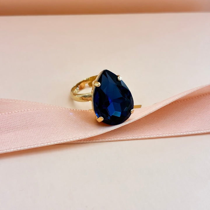 Navy blue teardrop preciosa crystals ring